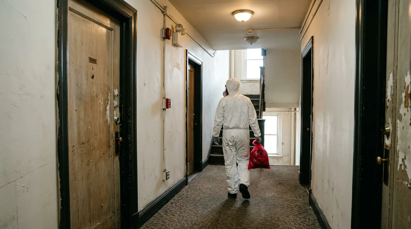 Technician carrying a sealed bag down an apartment building hallway