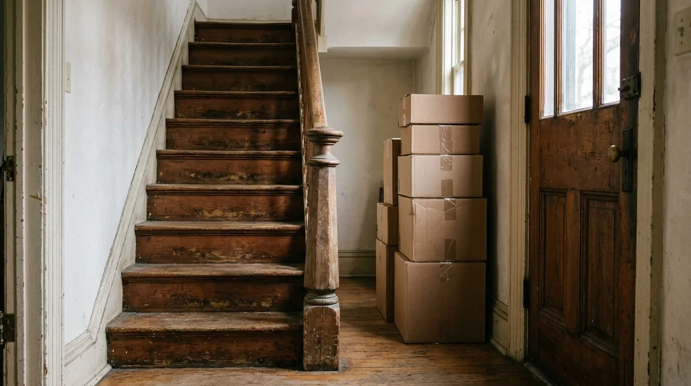 Cleared narrow rowhome staircase with boxes stacked at the bottom