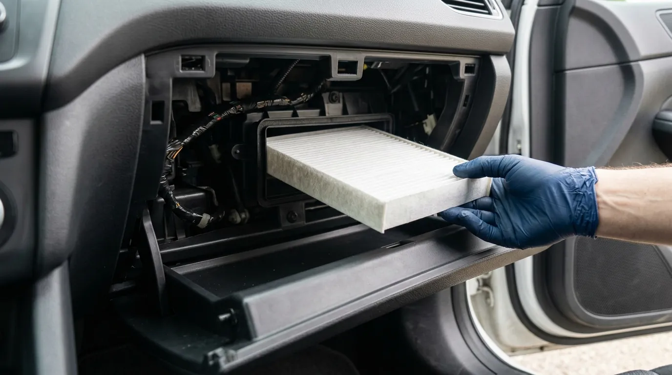 Gloved hand installing a new cabin air filter in a car