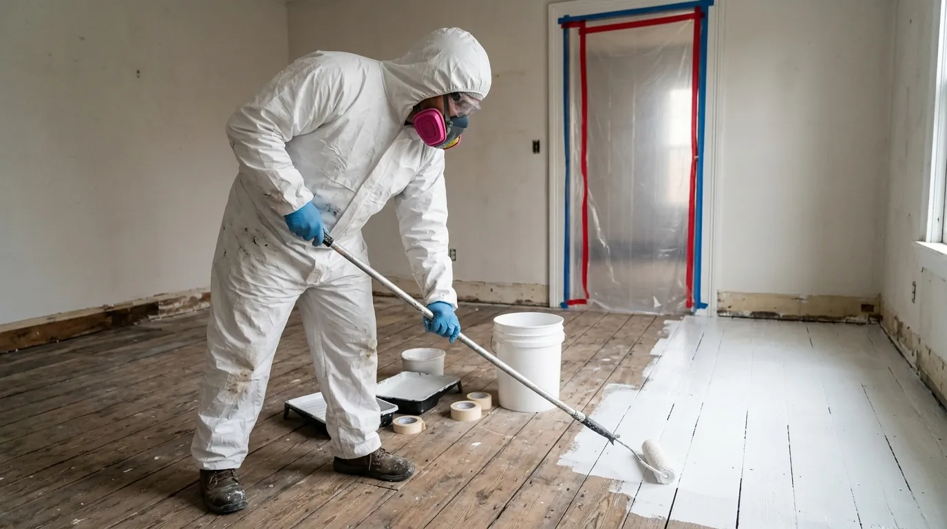 Technician applying sealing primer to bare subfloor planks