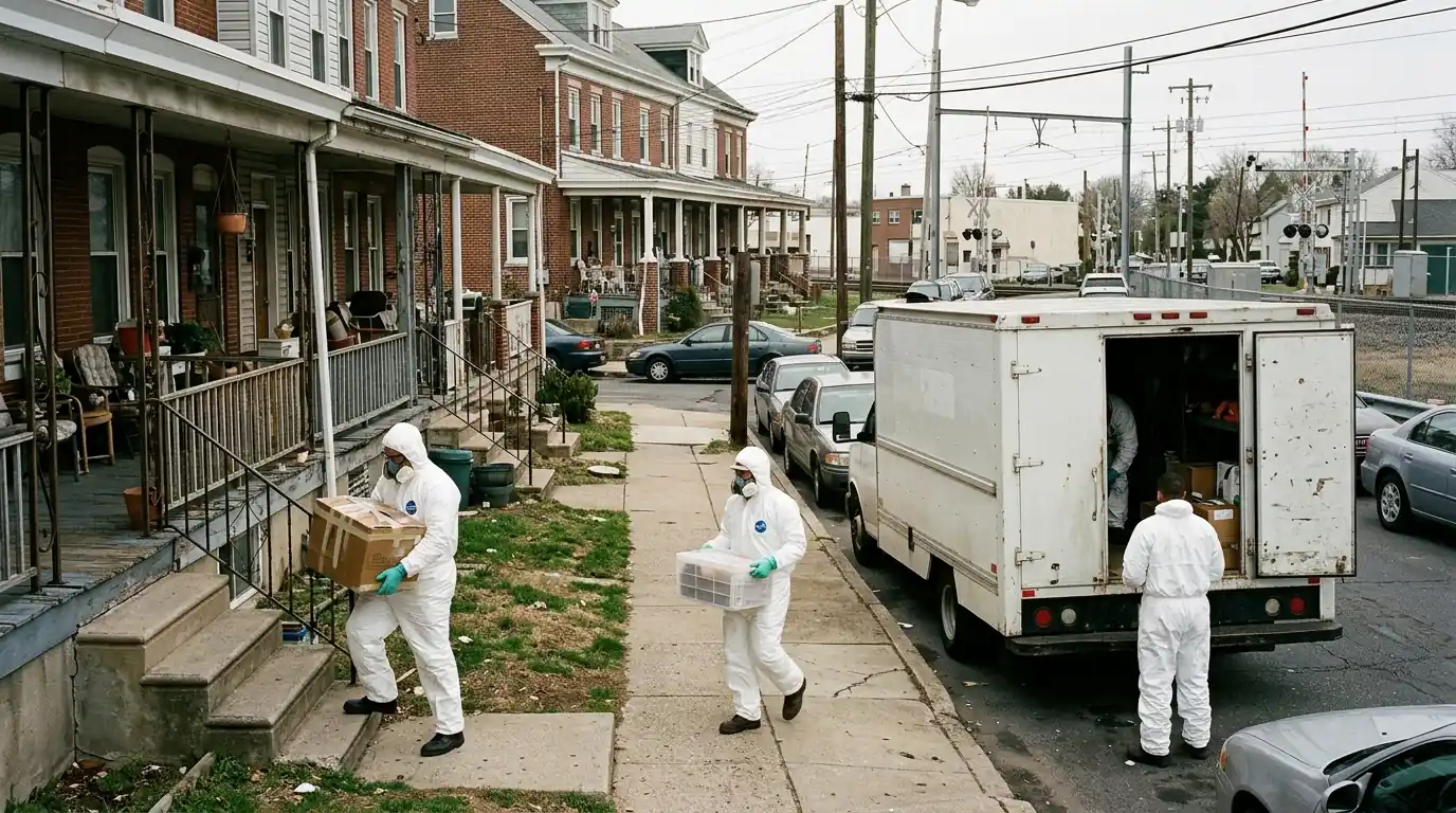Technicians carrying sealed boxes from a porch twin home in Lansdale