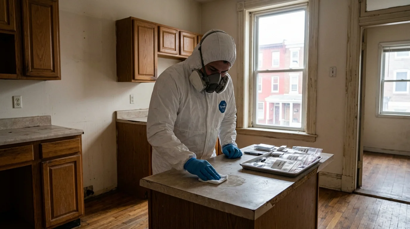 Technician taking a wipe sample from an apartment kitchen counter