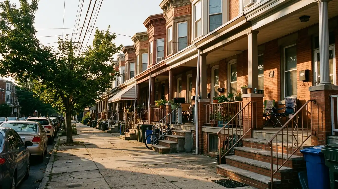 Brick porch-front rowhomes on a Philadelphia block