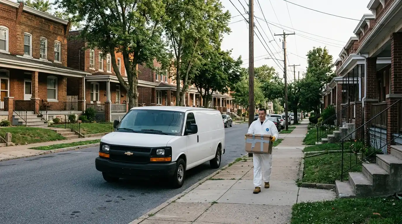 Technician carrying a sealed waste box along an Allentown street of twin homes