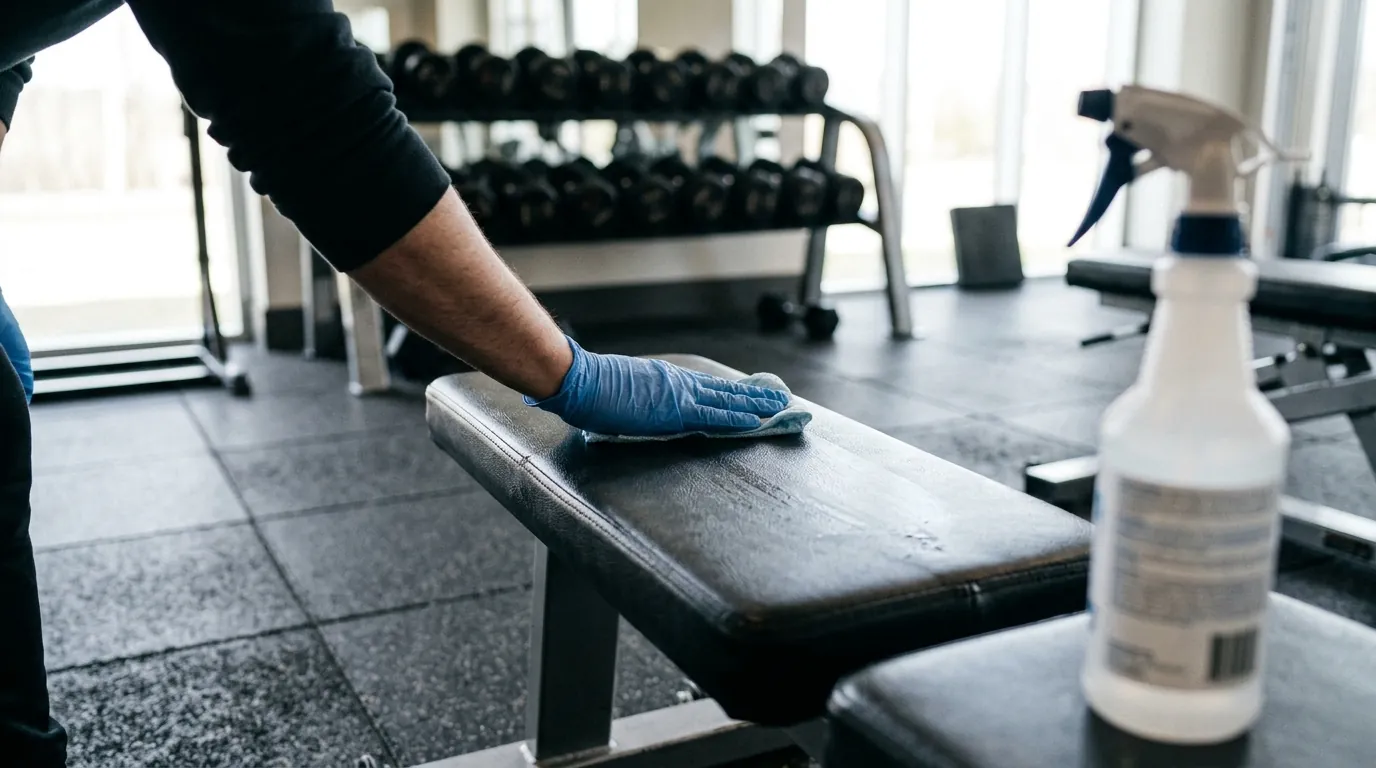 Gloved hand disinfecting a weight bench in a gym