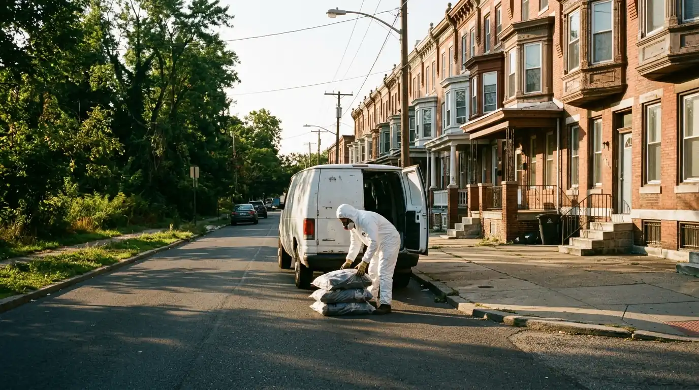 Technician stacking sealed bags outside Strawberry Mansion rowhomes near the park