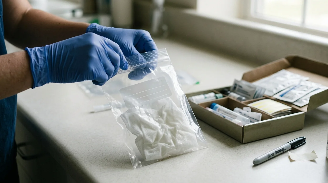 Gloved hands sealing a surface wipe sample into a specimen bag