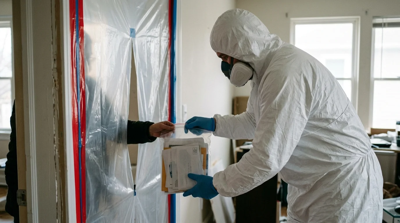 Technician passing a sealed bag of papers through a contained doorway