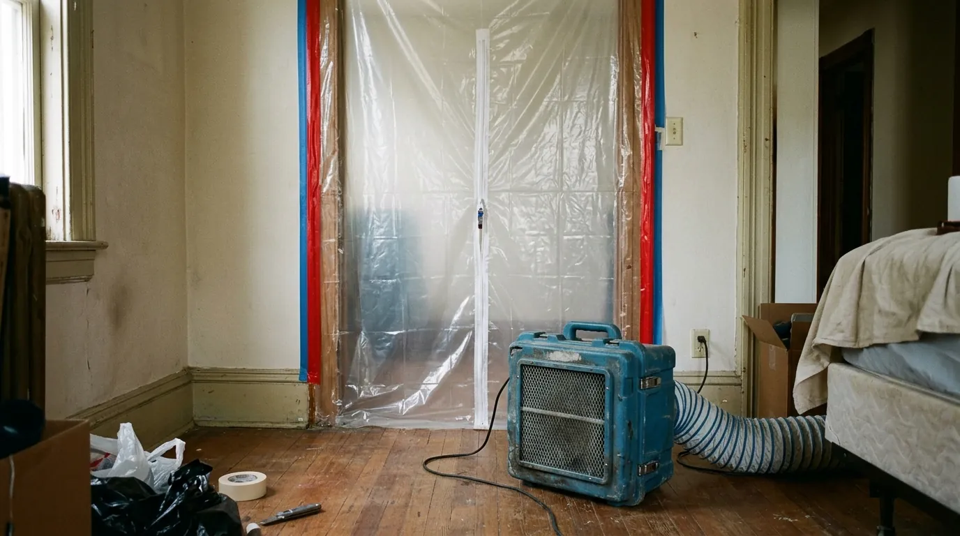 Bedroom doorway sealed with poly sheeting and a HEPA air scrubber