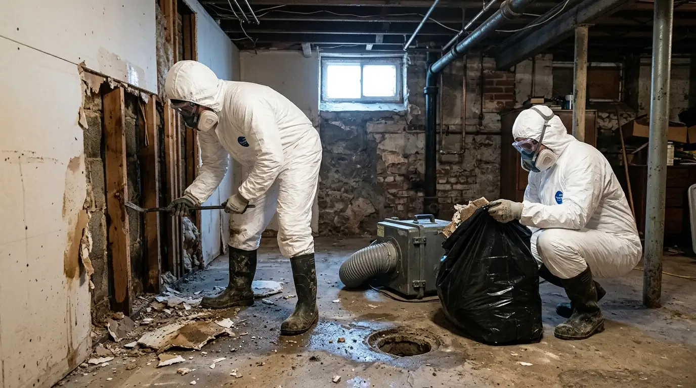 Technicians removing wet drywall in a rowhome basement