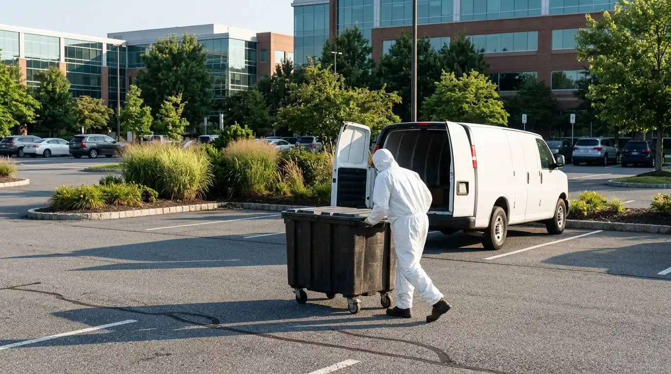 Technician wheeling a sealed waste box outside a King of Prussia office