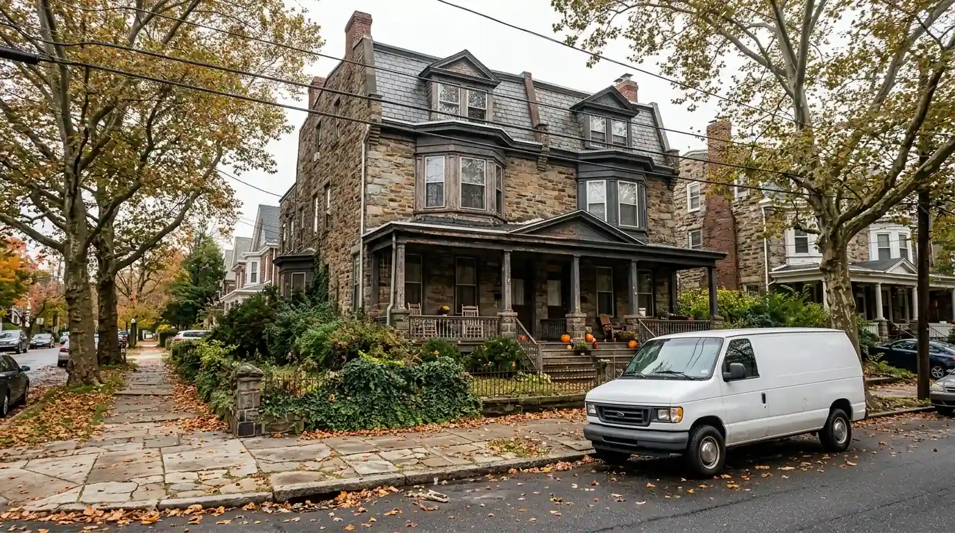 Stone twin house with a wooden porch on a Germantown street