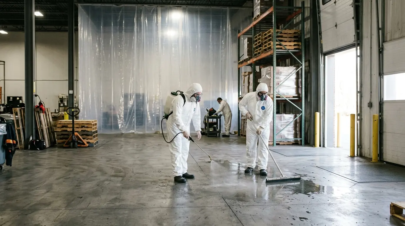 Technicians disinfecting a warehouse loading dock floor beside pallet racking