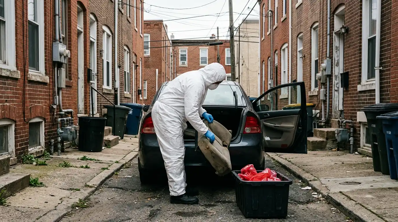 Technician removing a rear seat cushion from a parked sedan