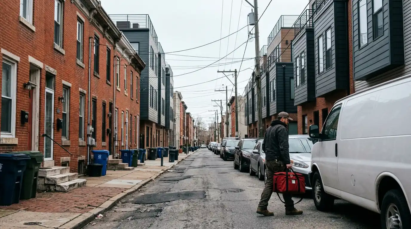 Technician carrying a sealed bag past Fishtown trinity houses and townhomes