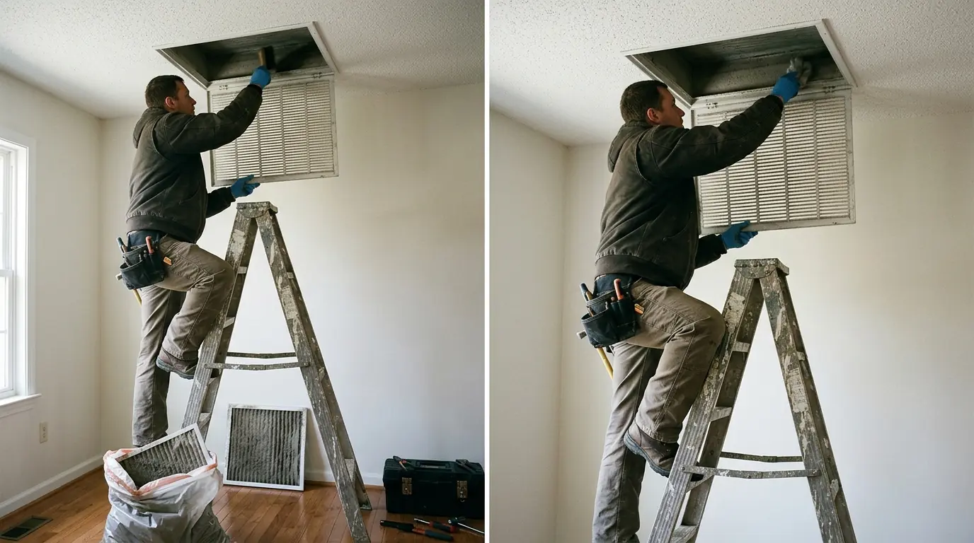 Gloved technician cleaning a ceiling air return vent from a stepladder