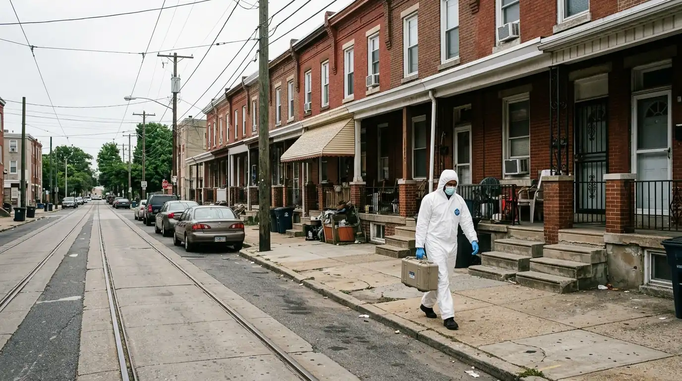 Technician with a rigid waste container on a Southwest Philadelphia rowhome block