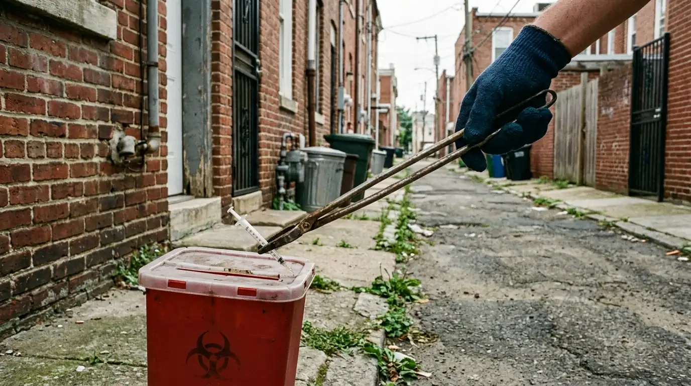 Gloved hand placing a syringe into a sharps container with tongs