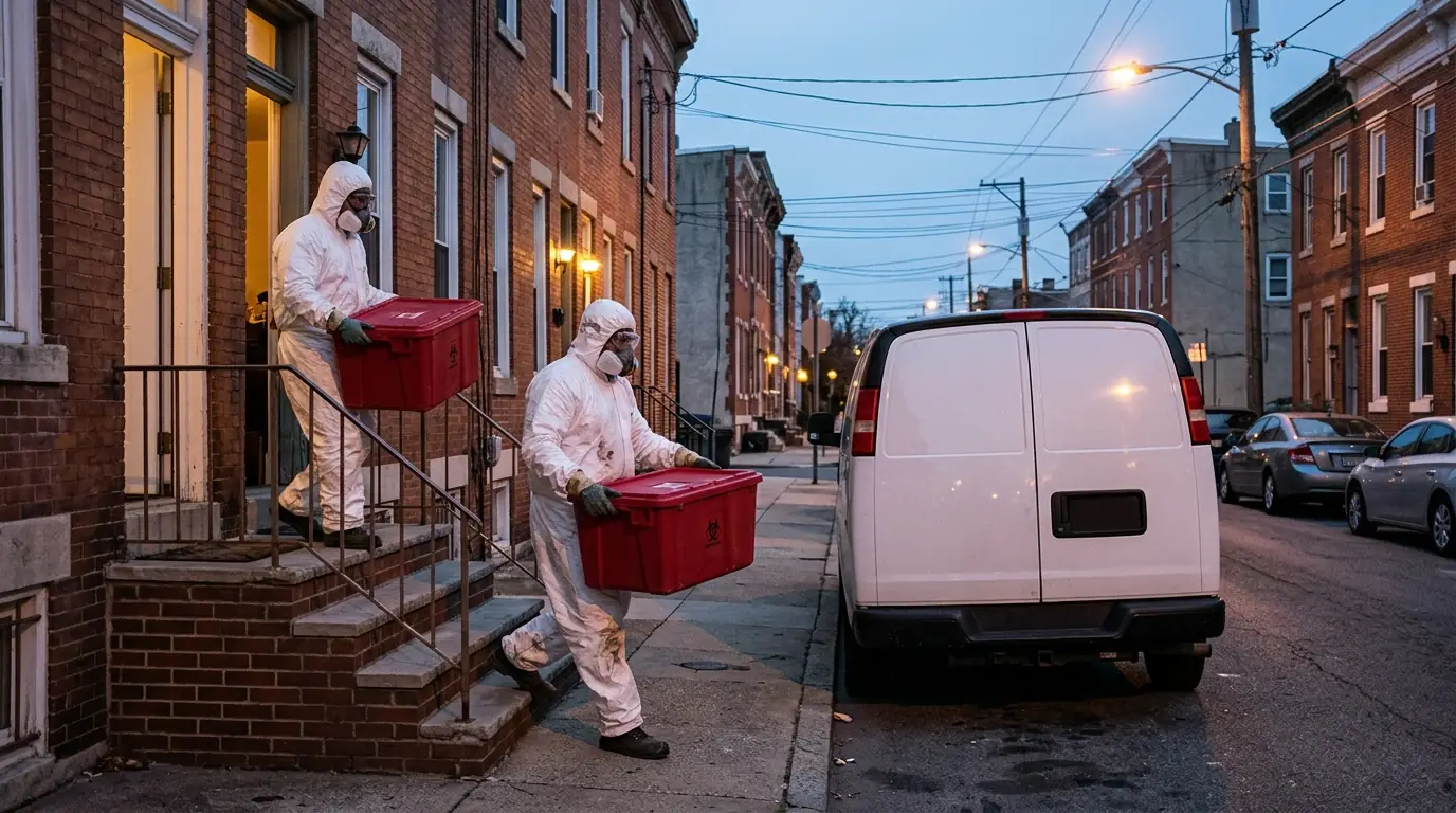 Technicians carrying sealed waste boxes to a van