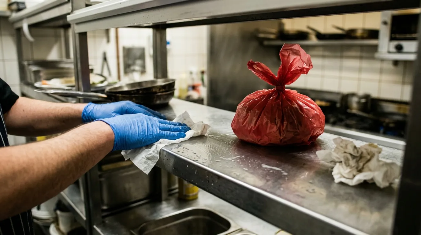 Gloved hands wiping a wet stainless steel kitchen shelf