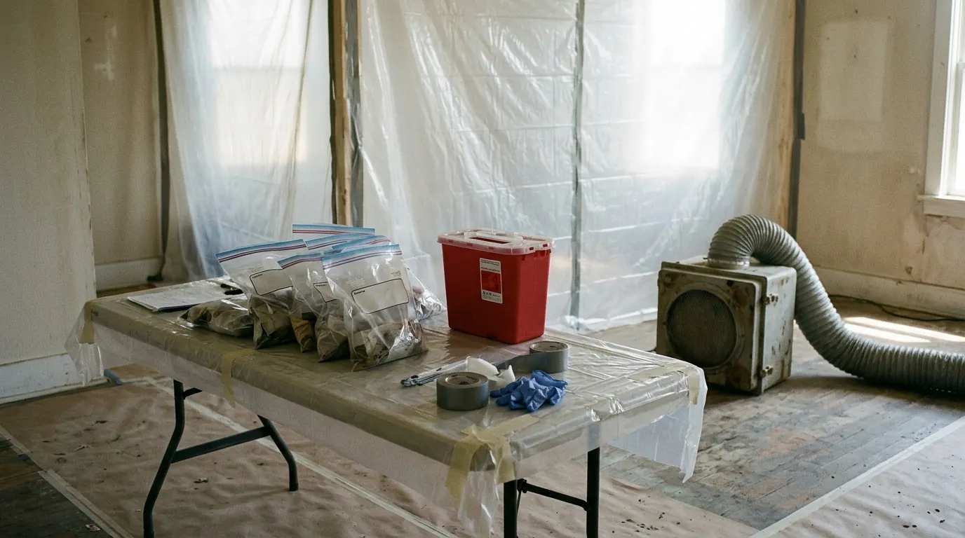 Sample bags and a sharps container on a covered work table