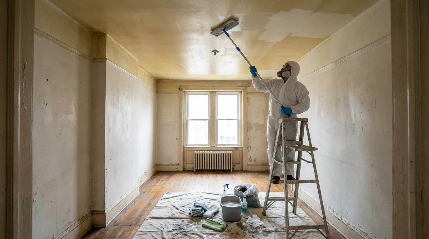 Technician washing a stained ceiling in an empty rowhome living room