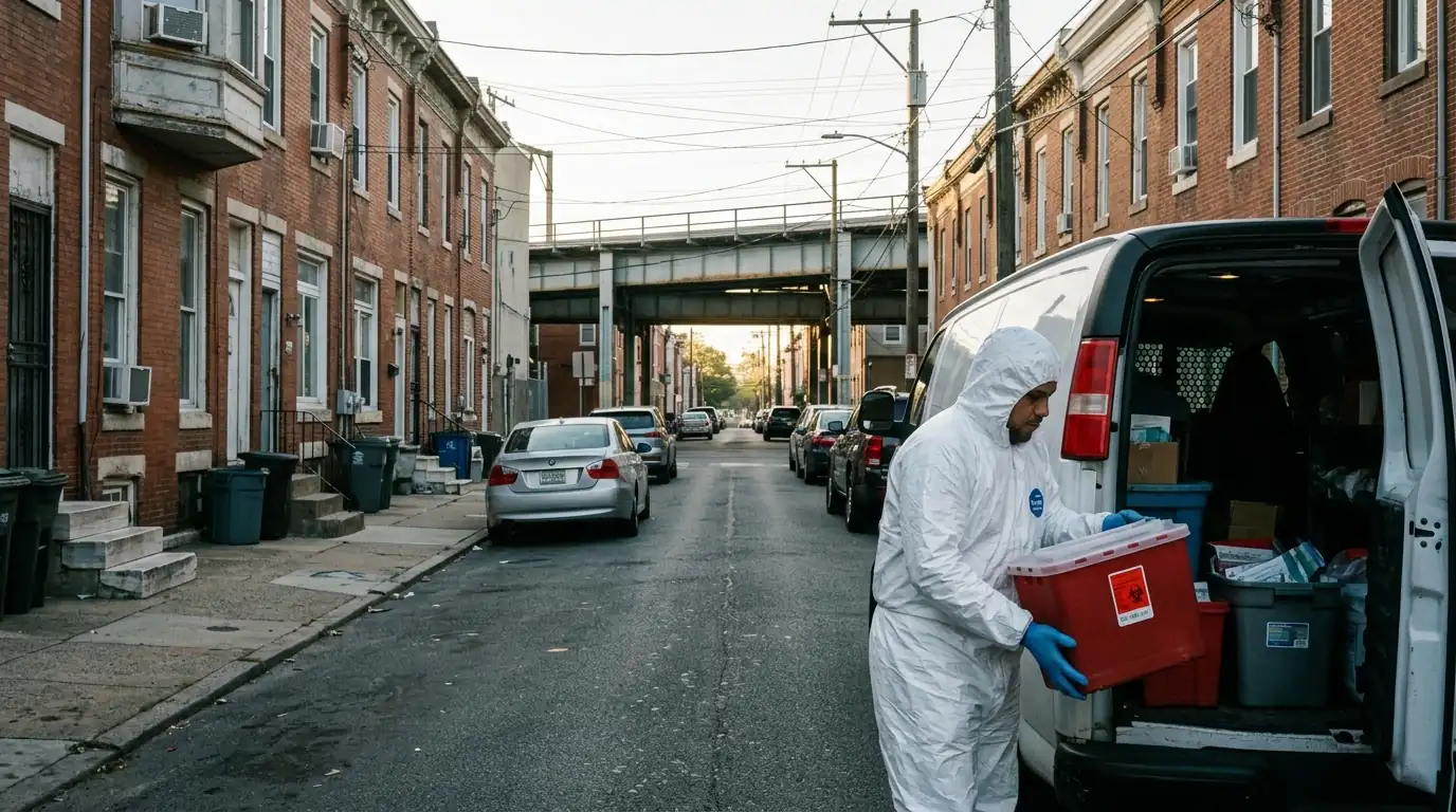 Technician loading a sharps container beside Kensington rowhomes near the El