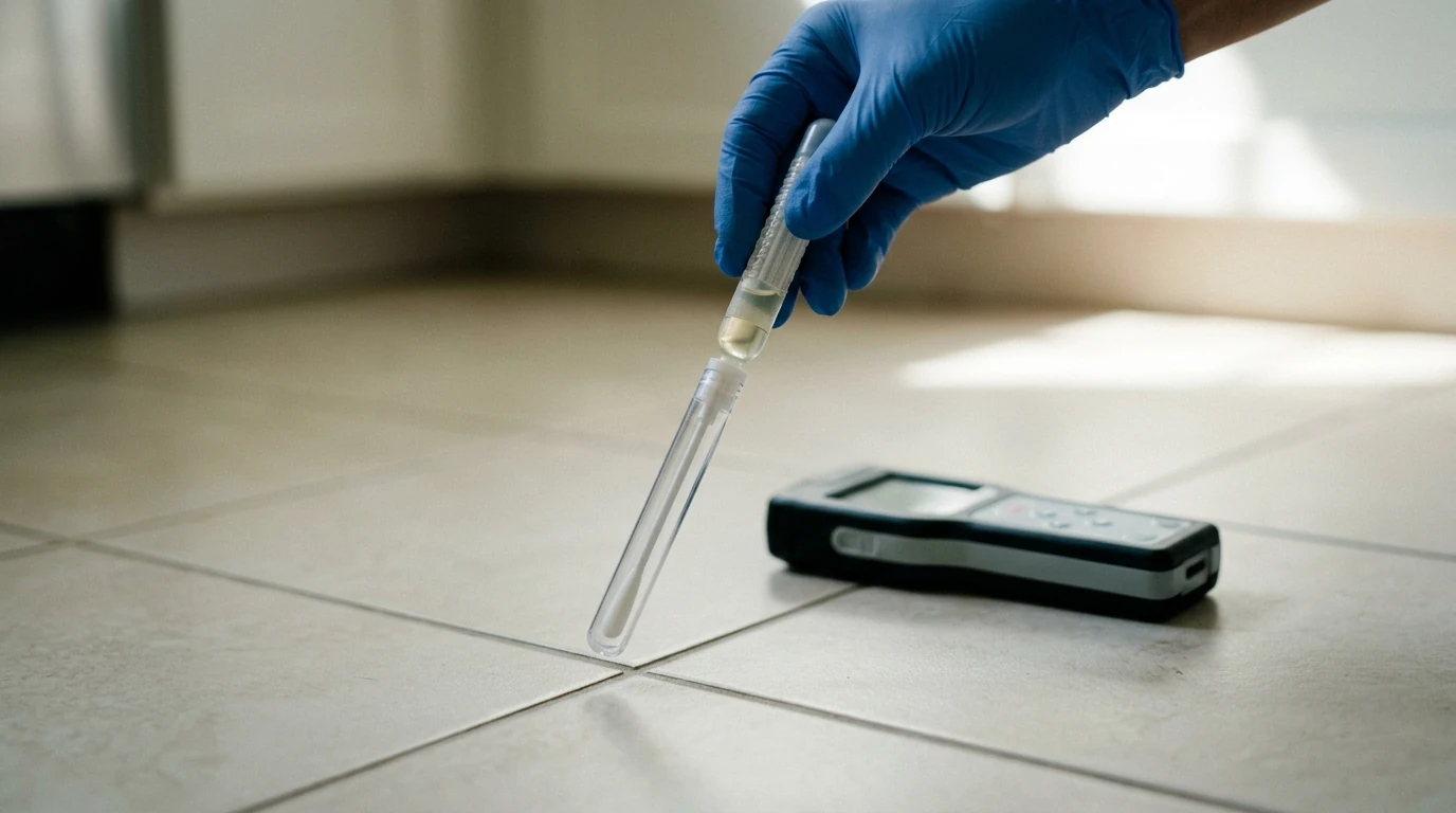 Gloved hand holding an ATP swab over a clean tile floor