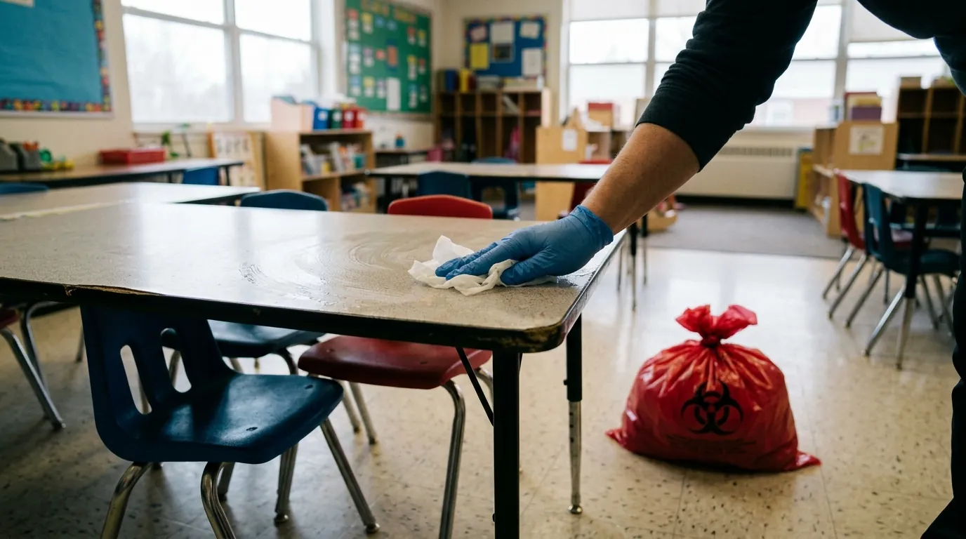 Gloved hand disinfecting a classroom desk near a sealed biohazard bag