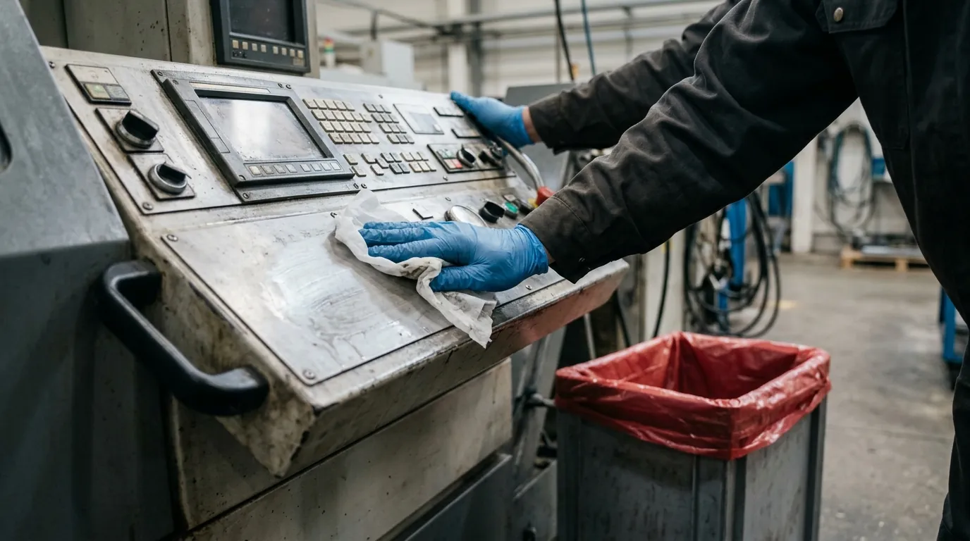 Gloved hands disinfecting the control panel of an industrial machine