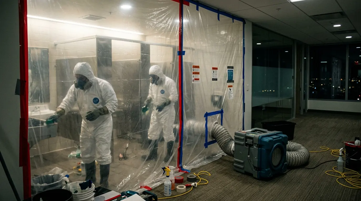 Technicians cleaning an office restroom behind poly sheeting at night