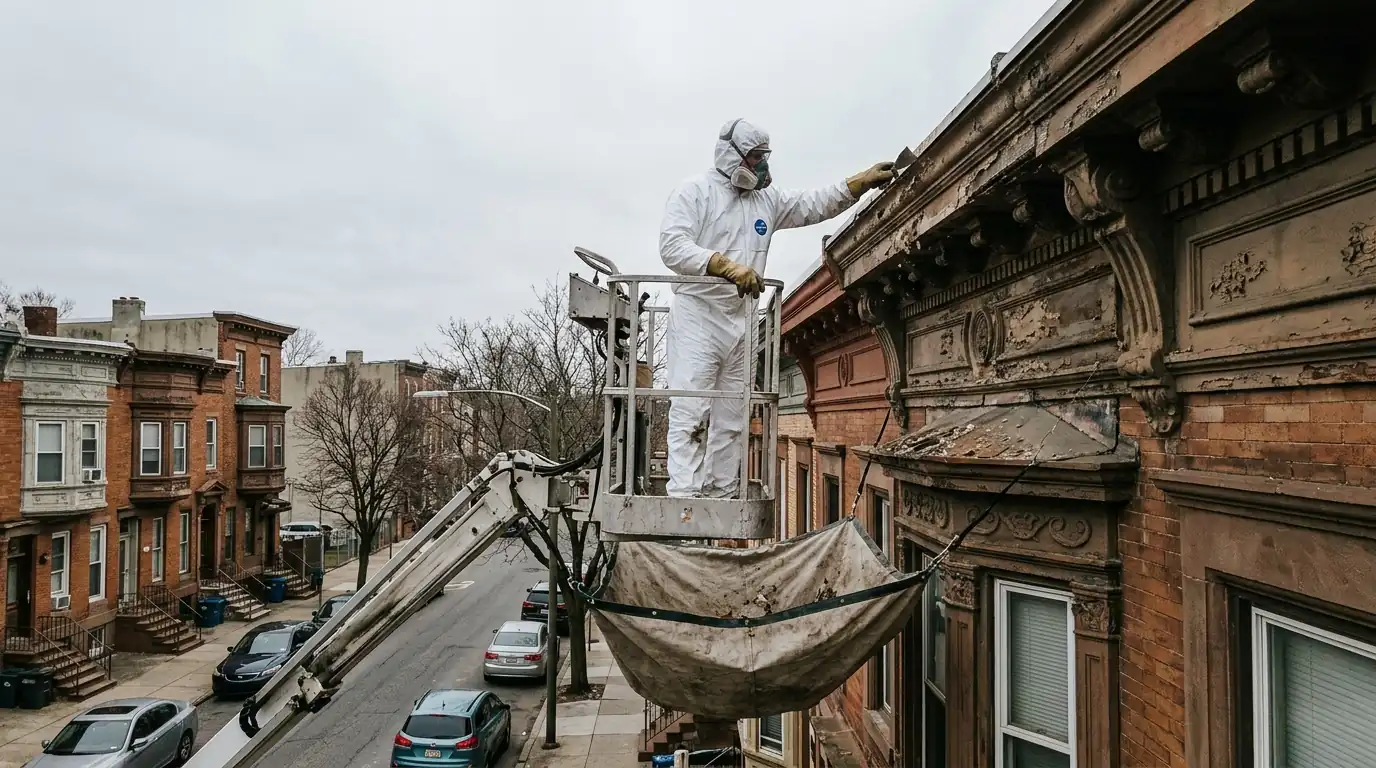 Technician on a lift cleaning a brownstone cornice