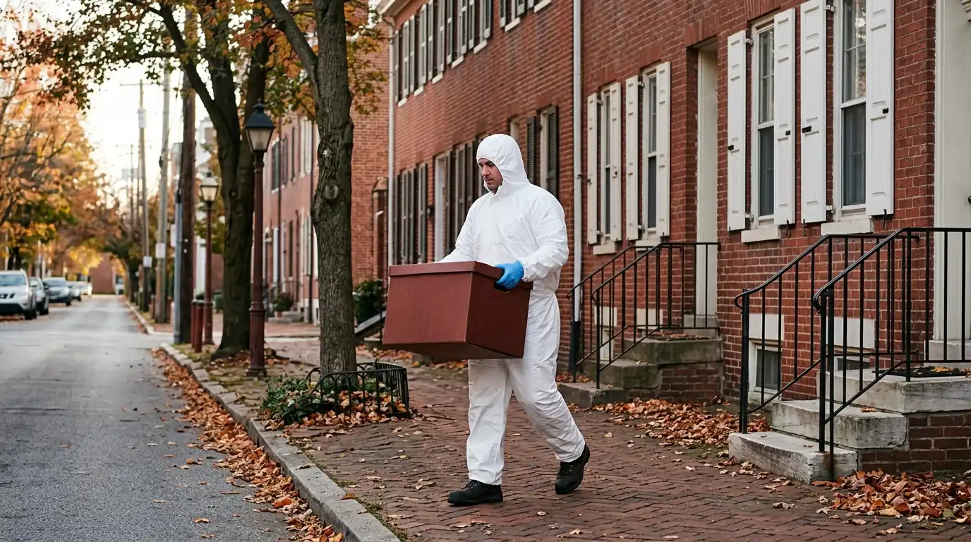Technician carrying a waste box past brick townhouses in West Chester