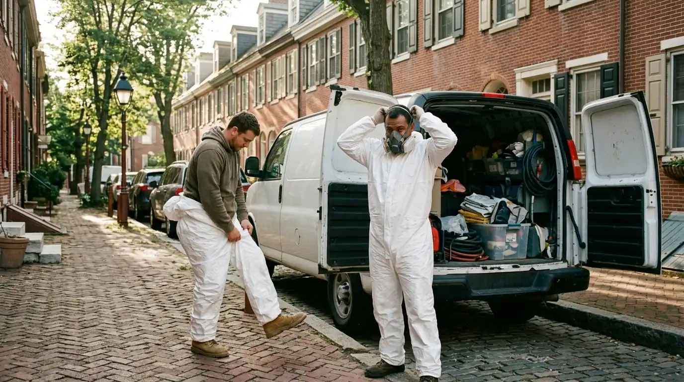 Technicians suiting up beside a van on a brick street
