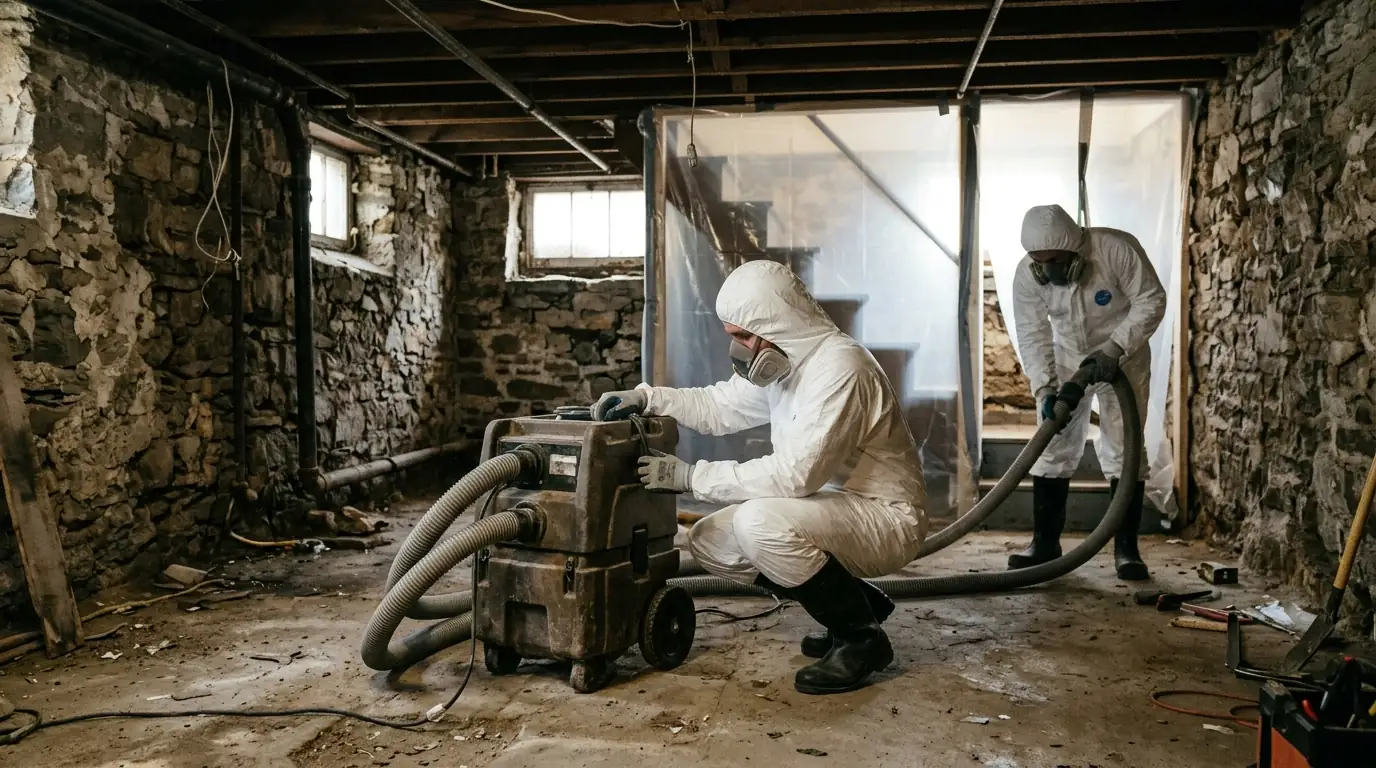 Technicians extracting water in a stone-walled rowhome basement