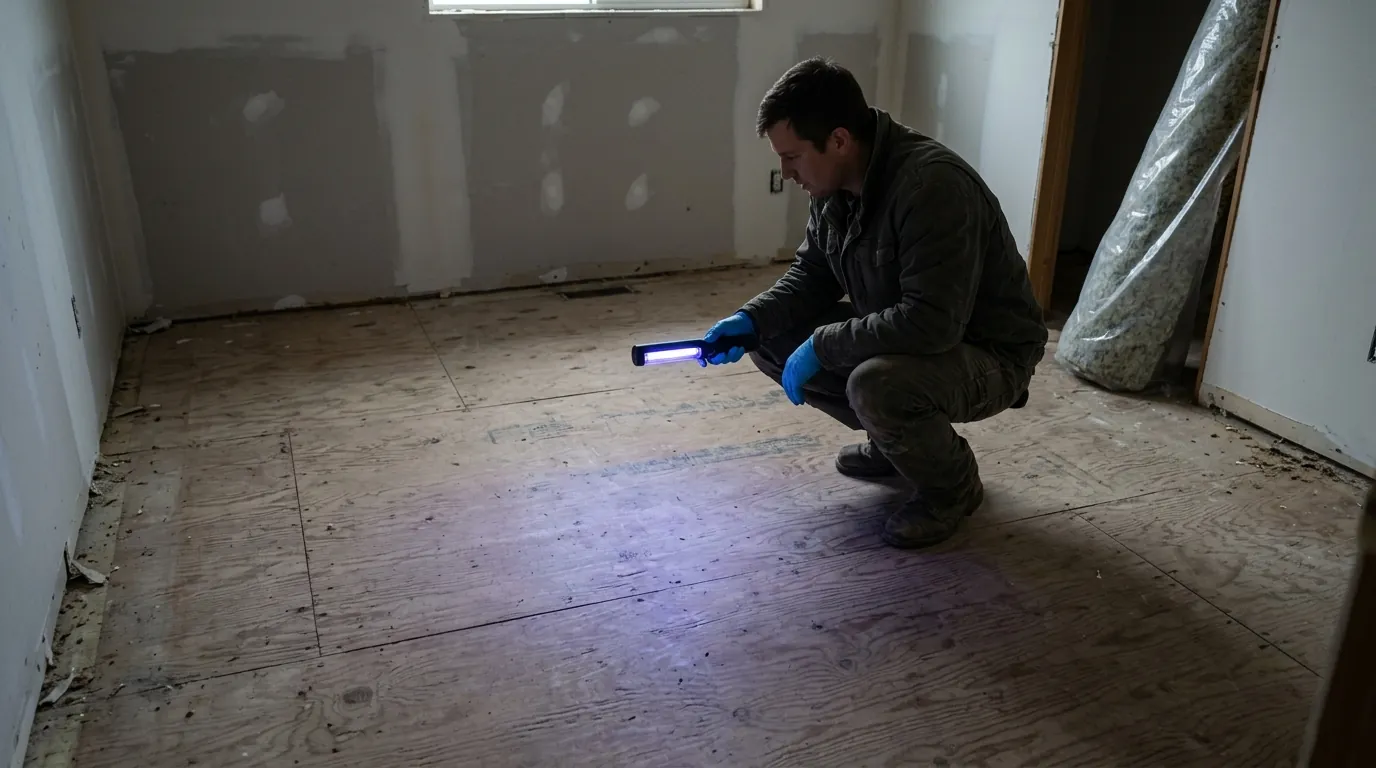 Technician scanning a bare subfloor with an ultraviolet light
