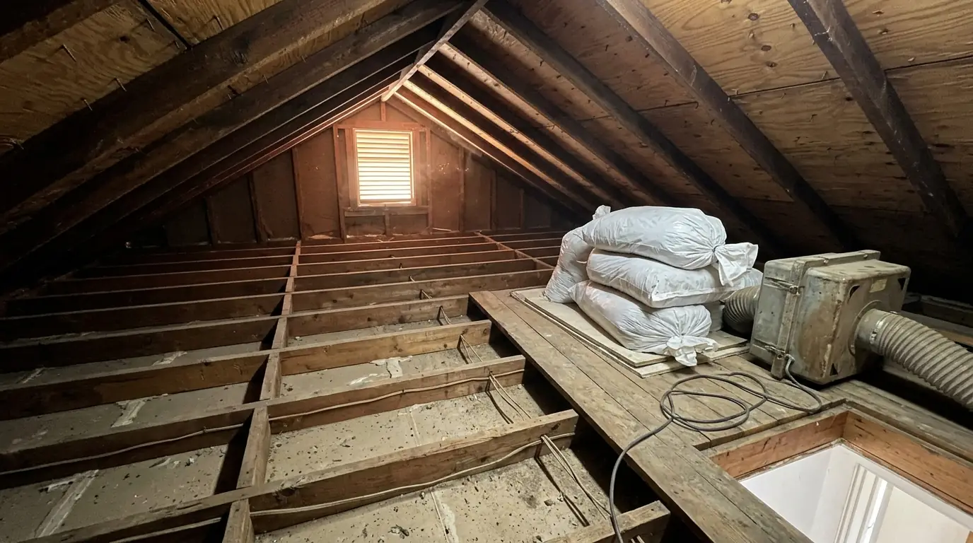 Clean bare attic framing with an air scrubber beside sealed bags