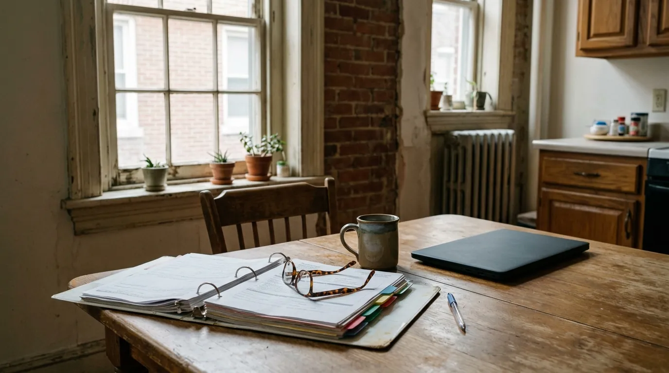 Insurance binder and reading glasses on a rowhome kitchen table