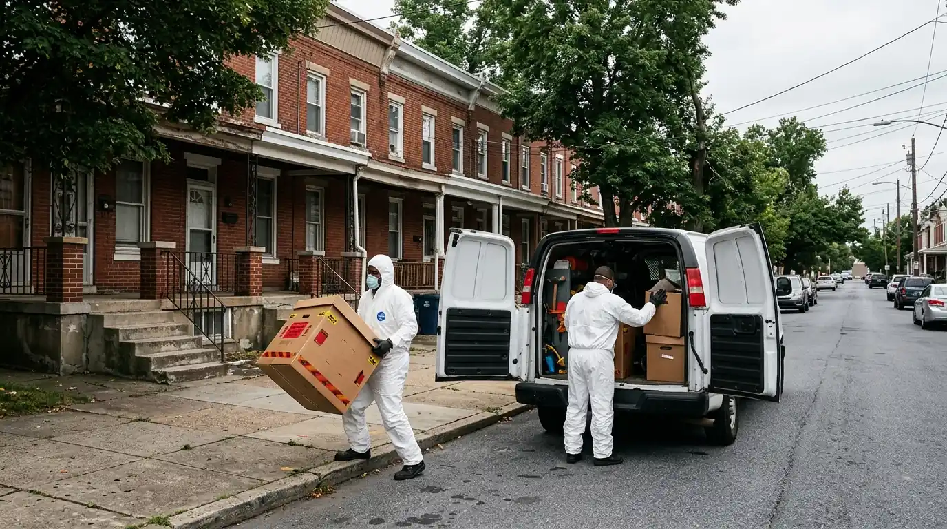 Technicians loading waste boxes into a van on an Allentown street