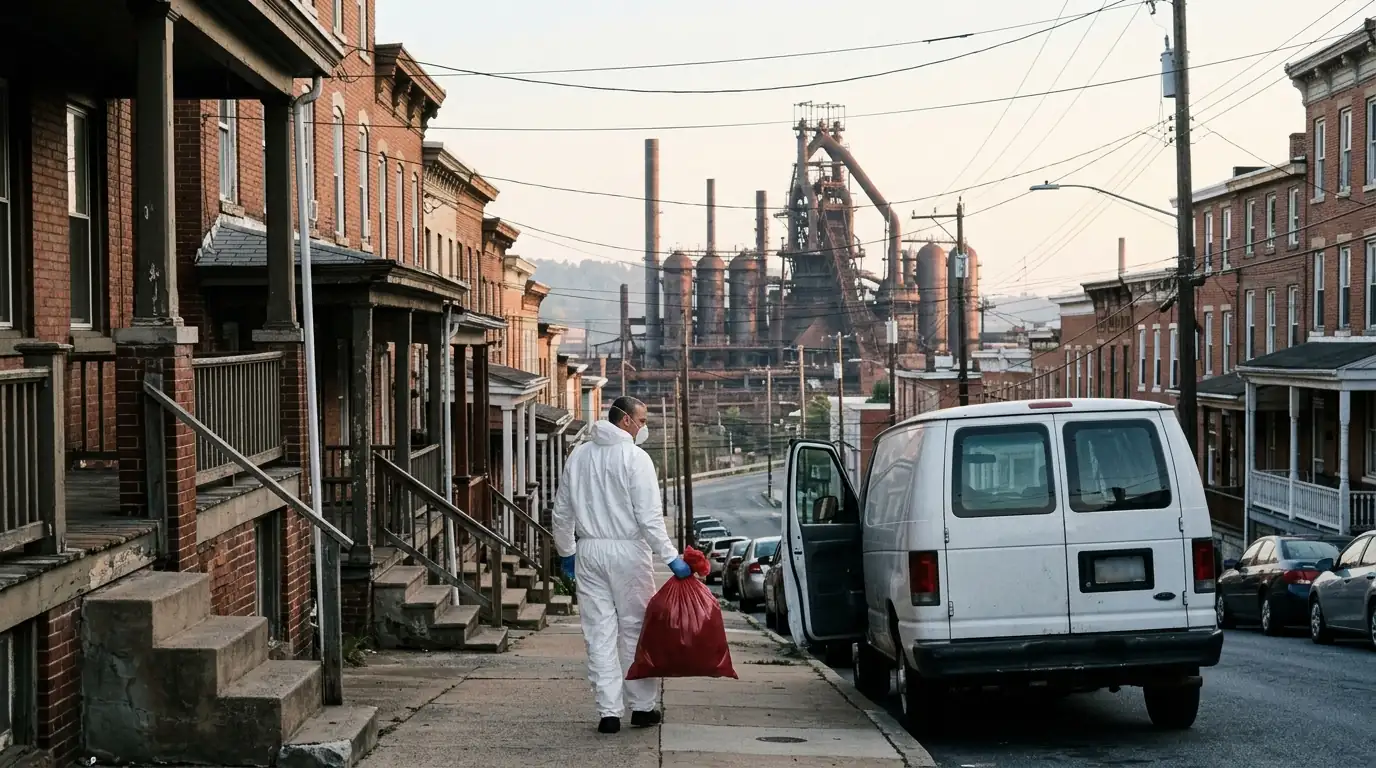 Technician carrying a sealed bag down a Bethlehem South Side street