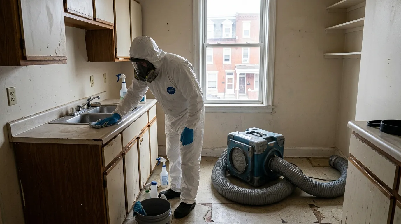 Technician wiping a kitchen counter in a vacant rental apartment
