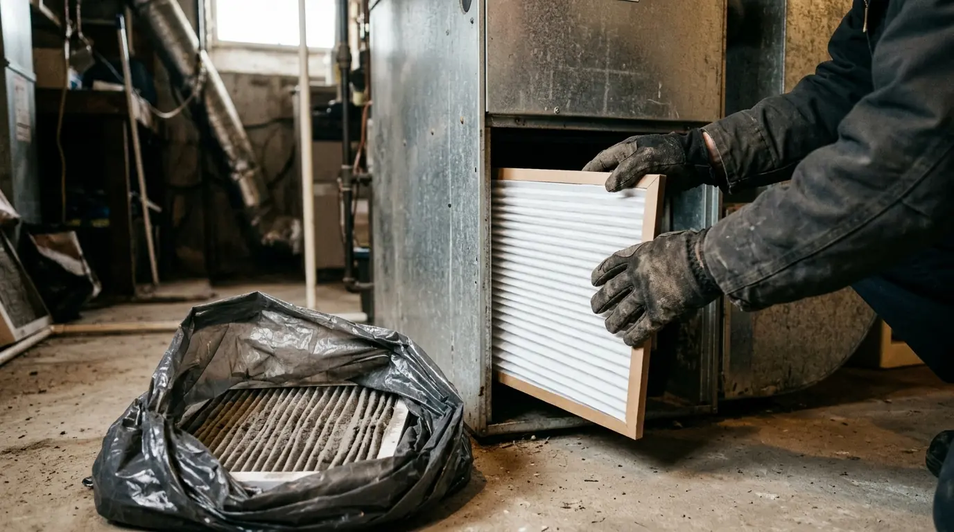 Gloved hands replacing a furnace filter in a basement