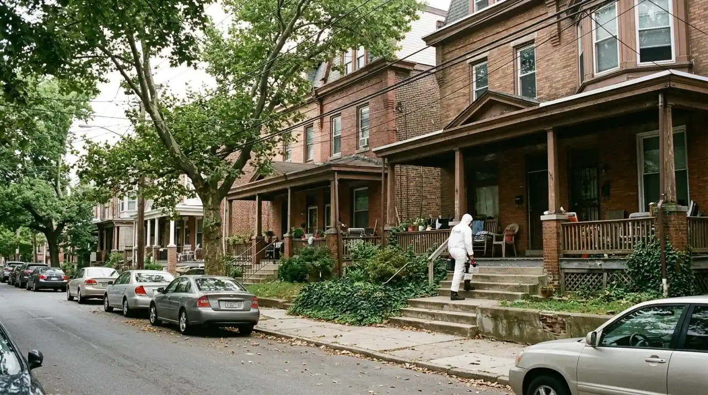 Technician outside a brick porch-front twin in West Philadelphia
