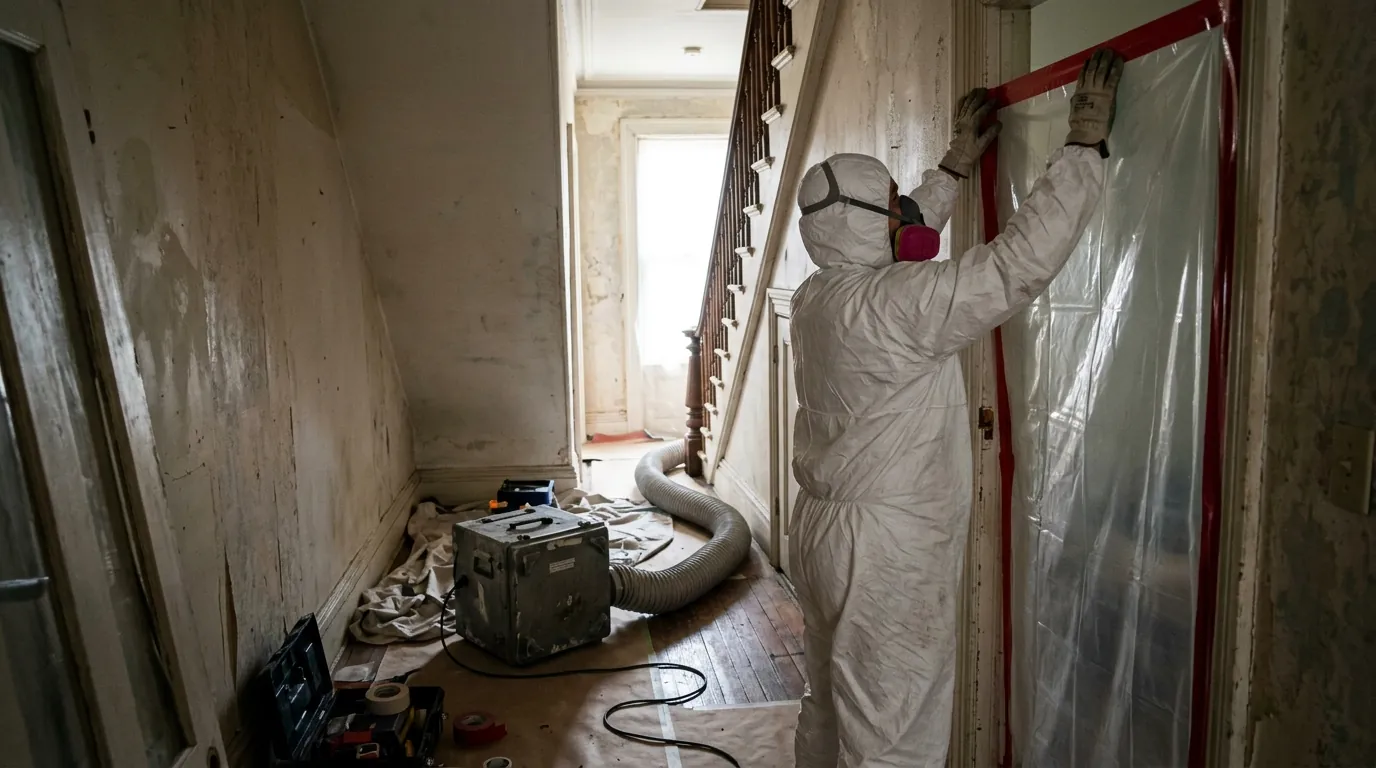 Technician sealing a rowhome hallway with plastic sheeting before cleanup