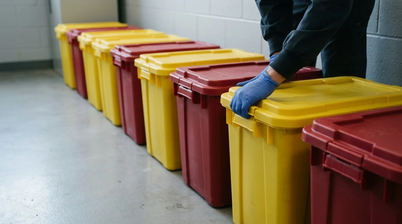 Closed sharps containers and sealed waste boxes on a floor