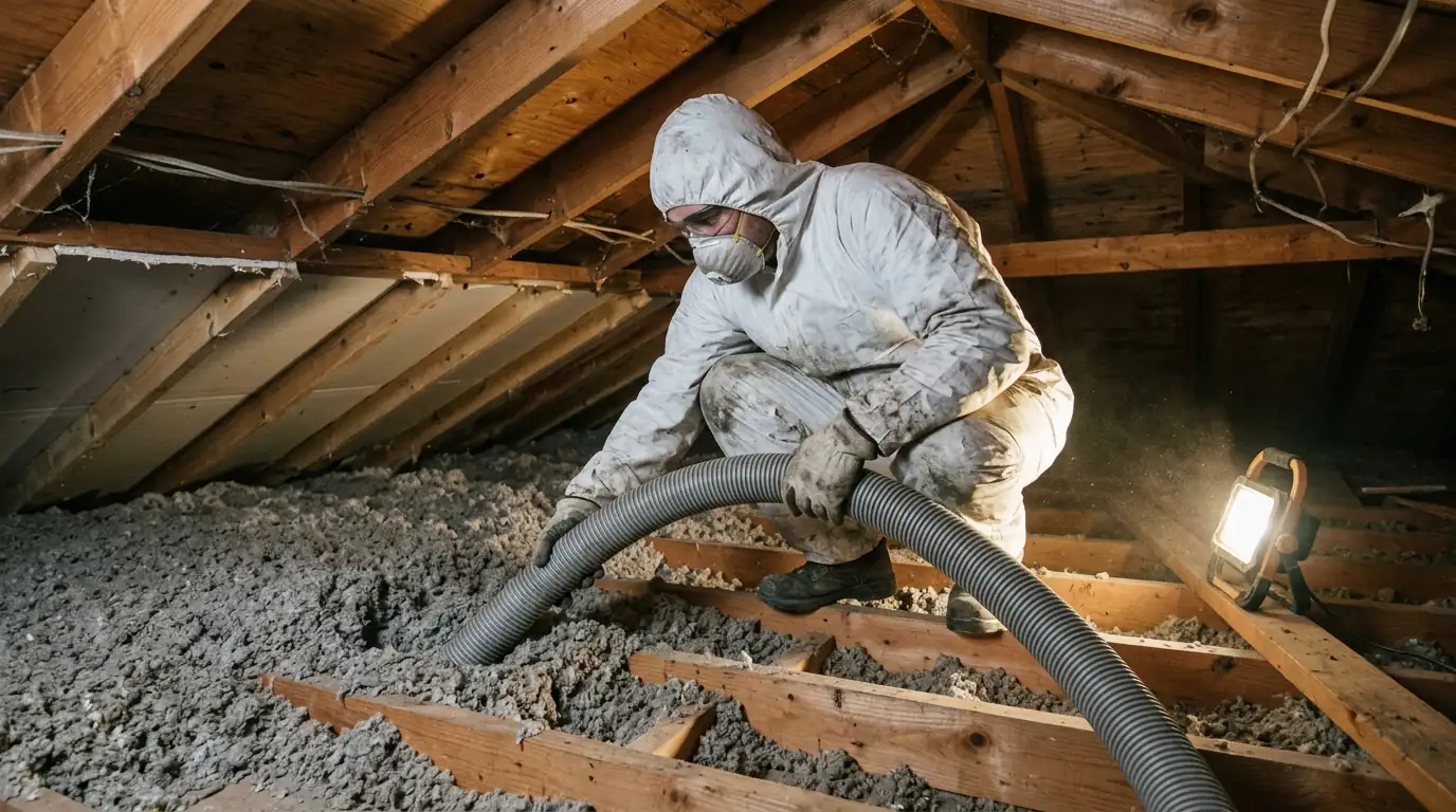Technician vacuuming old attic insulation from between wooden joists