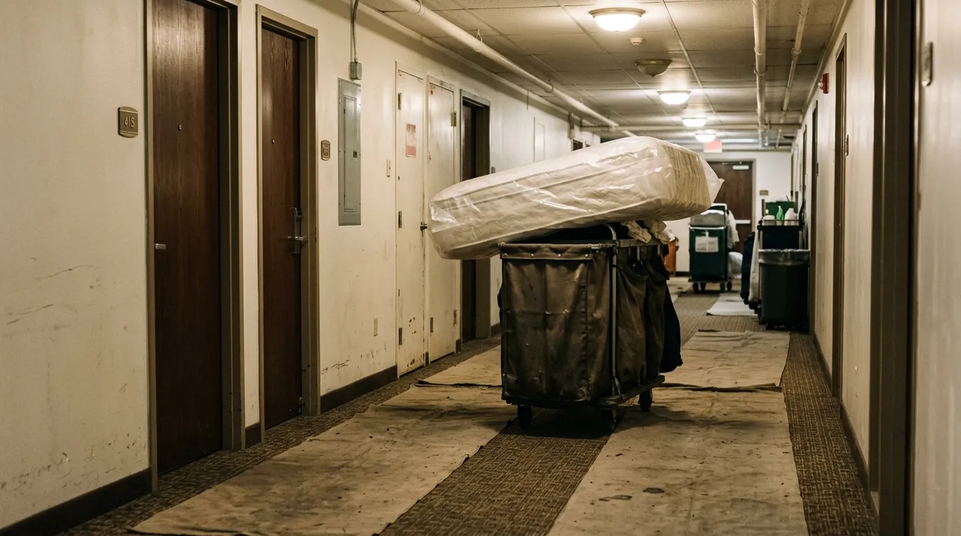 Sealed mattress on a cart in a hotel service corridor