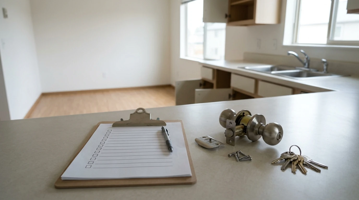 Clipboard, new lock and keys on a rental kitchen counter