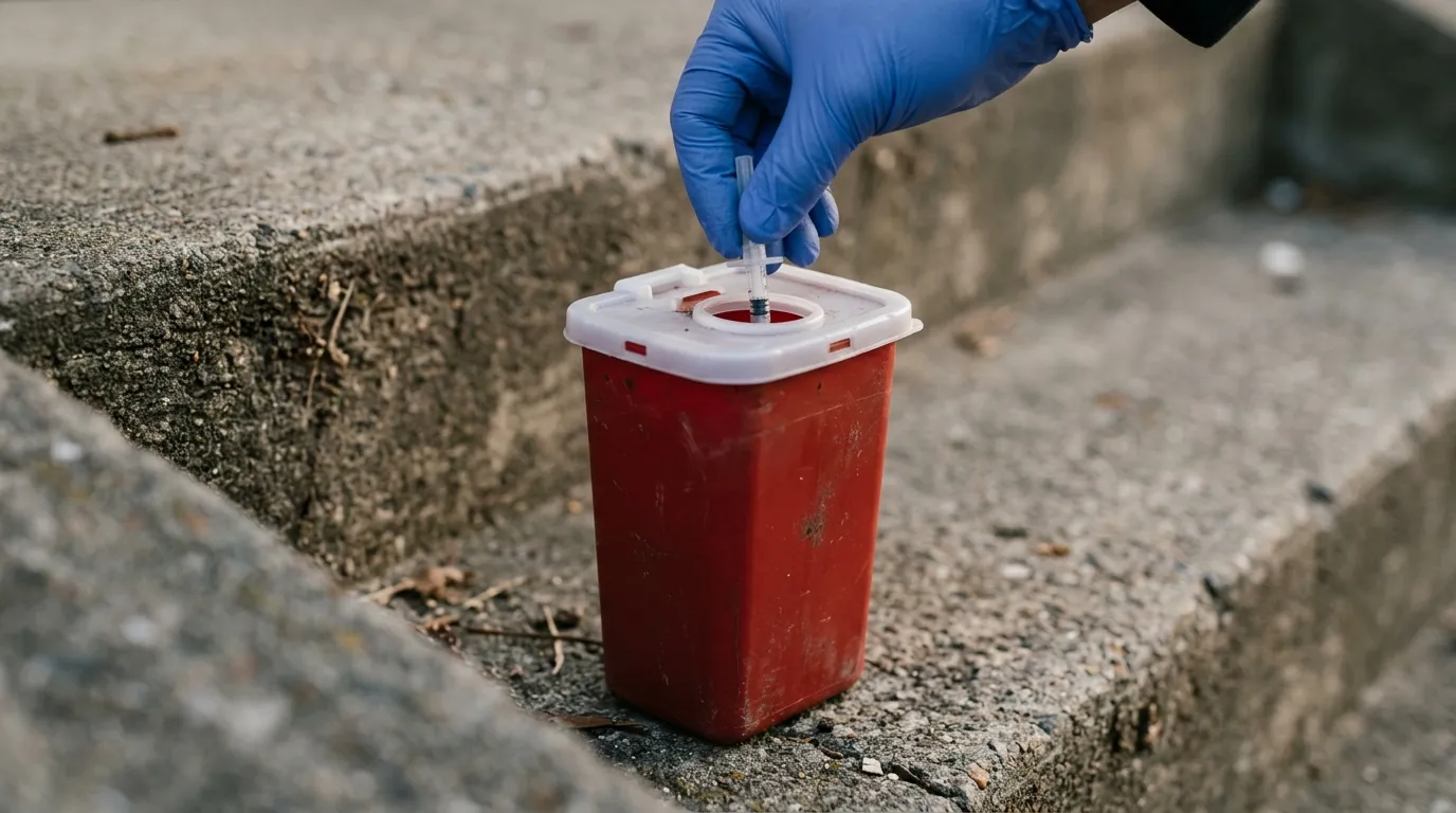 Gloved hand placing a capped syringe into a rigid sharps container