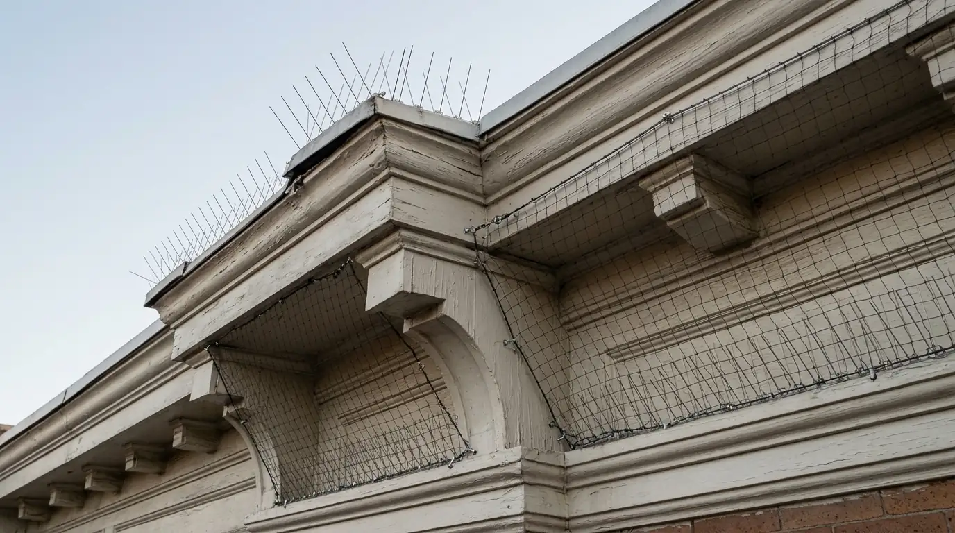 Bird spikes and netting on a clean rowhome cornice